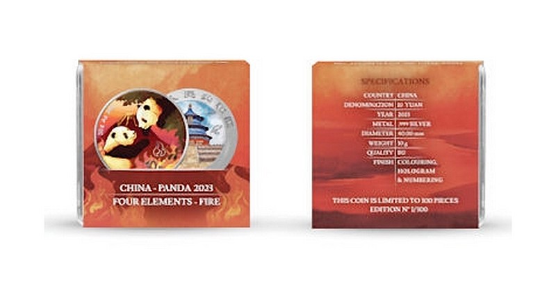 PANDA ČTYŘI ŽIVLY OHEŇ coin China (Chinese) Panda Four Elements Fire - 30g stříbrná mince
