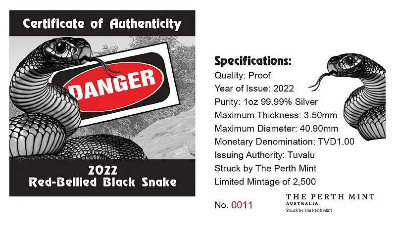 SMRTÍCÍ A NEBEZPEČNÝ PAKOBRA ČERVENOBŘICHÁ coin Deadly and Dangerous Red-Bellied Black Snake – 1 oz stříbrná mince