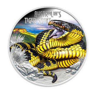 SMRTÍCÍ A NEBEZPEČNÝ TYGŘÍ HAD coin Deadly and Dangerous Tiger Snake – 1 oz stříbrná mince