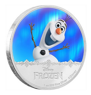 LEDOVÉ KRÁLOVSTVÍ SNĚHULÁK OLAF coin Disney Frozen Magic of the Northern Lights Olaf - 1 oz stříbrná mince
