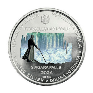 NIKOLA TESLA VODNÍ ELEKTRÁRNA NIAGÁRSKÉ VODOPÁDY Srbský vynálezce coin Hydroelectric Power Niagara Falls – 1 oz stříbrná mince barevná