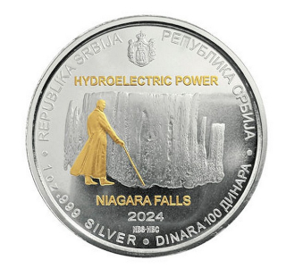 NIKOLA TESLA VODNÍ ELEKTRÁRNA NIAGÁRSKÉ VODOPÁDY Srbský vynálezce coin Hydroelectric Power Niagara Falls – 1 oz stříbrná mince pozlacená
