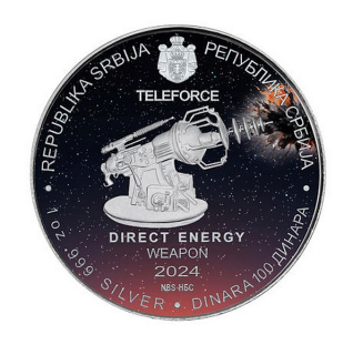NIKOLA TESLA PŘÍMÁ ENERGETICKÁ ZBRAŇ Srbský vynálezce coin Direct Energy Weapon – 1 oz stříbrná mince barevná