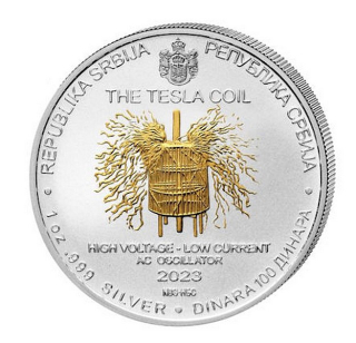 NIKOLA TESLA TESLOVA CÍVKA Srbský vynálezce coin The Tesla Coil – 1 oz stříbrná mince pozlacená