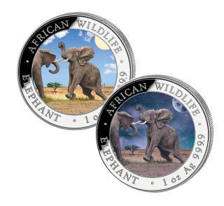 AFRICKÝ SLON DEN A NOC 2024 coin African Wildlife Somalia Elephant Day and Night – sada 2 stříbrných mincí (2×1 oz)