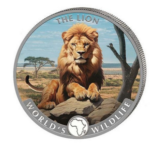 SVĚTOVÁ DIVOKÁ ZVĚŘ LEV coin World‘s Wildlife The Lion coloured – 1 oz stříbrná mince barevná