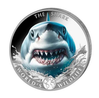 SVĚTOVÁ DIVOKÁ ZVĚŘ ŽRALOK coin World‘s Wildlife The Shark coloured – 1 oz stříbrná mince barevná