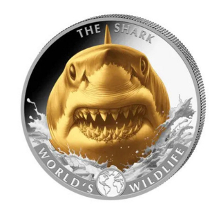 SVĚTOVÁ DIVOKÁ ZVĚŘ ŽRALOK coin World‘s Wildlife The Shark gilded – 1 oz stříbrná mince pozlacená
