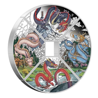 ROK DRAKA 2024 KVADRANT coin Year of the Dragon Quadrant – sada 4 stříbrných mincí (4×1 oz)