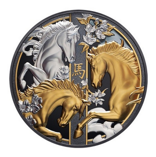 ROK KONĚ 2026 Lunární série coin Year of the Horse Black Proof Gilded – 5 oz stříbrná mince pozlacená