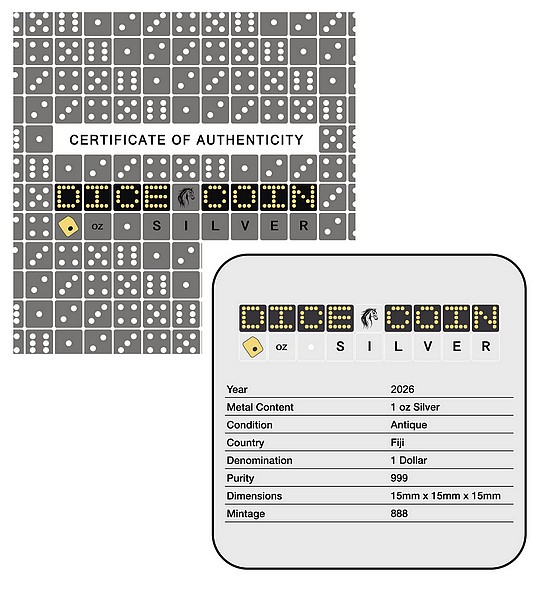 KOSTKA ROK KONĚ 2026 coin DICE mince ve tvaru krychle (kostky) – 1 oz stříbrná mince