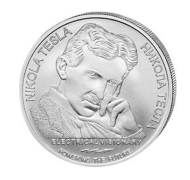 NIKOLA TESLA PŘÍMÁ ENERGETICKÁ ZBRAŇ Srbský vynálezce coin Direct Energy Weapon – 1 oz stříbrná mince pozlacená