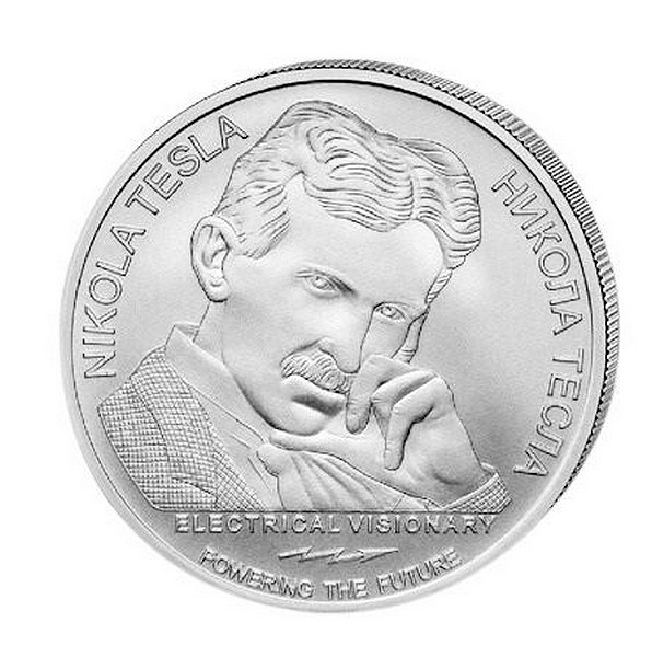 NIKOLA TESLA PŘÍMÁ ENERGETICKÁ ZBRAŇ Srbský vynálezce coin Direct Energy Weapon – 1 oz stříbrná mince barevná