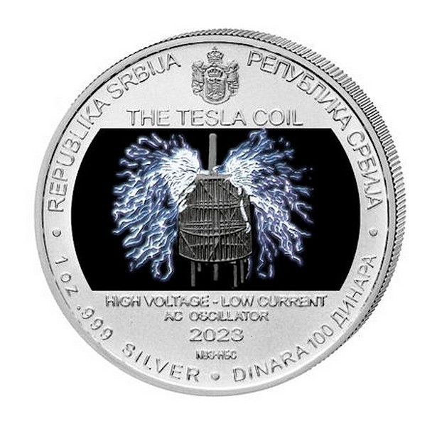 NIKOLA TESLA TESLOVA CÍVKA Srbský vynálezce coin The Tesla Coil – 1 oz stříbrná mince barevná