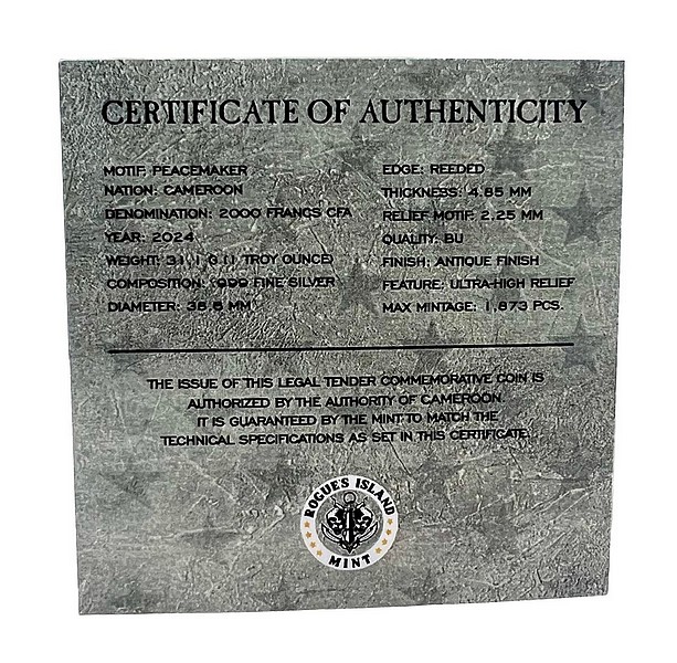 MÍROTVŮRCE PRVNÍ REVOLVER coin Peacemaker Colt Single Action Army – 1 oz stříbrná mince