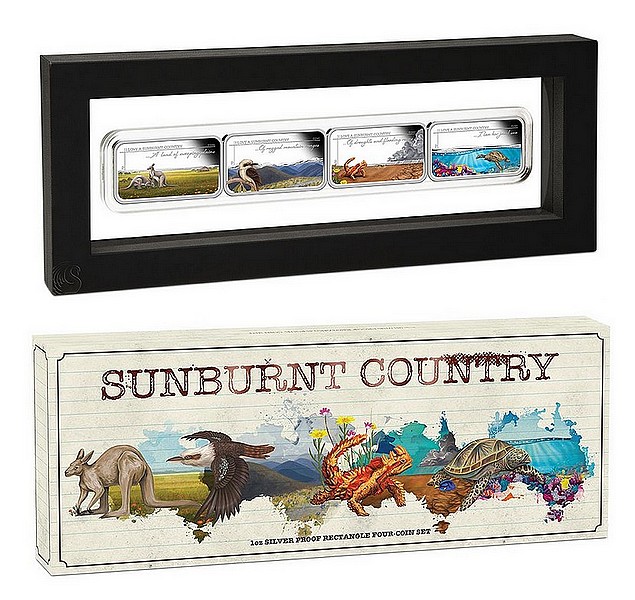 AUSTRÁLIE SLUNCEM SPÁLENÁ ZEMĚ coin Sunburnt Country Rectangle Four-Coin Set - kompletní sada 4 obdelníkových stříbrných mincí (4x1 oz)