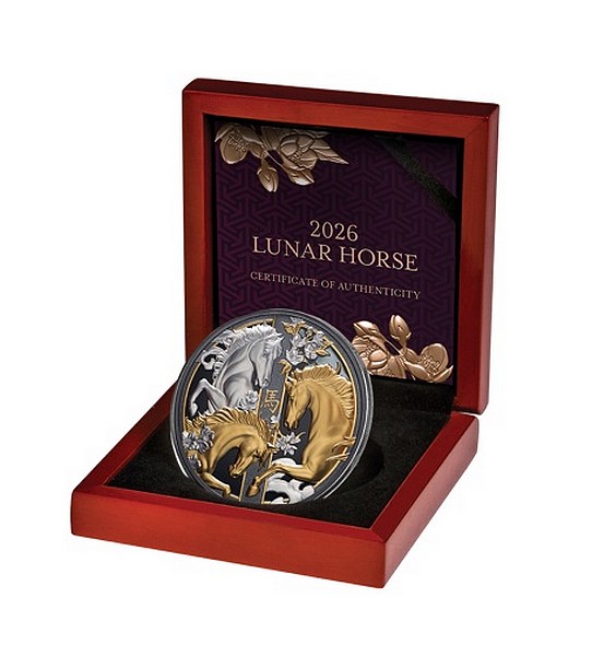 ROK KONĚ 2026 Lunární série coin Year of the Horse Black Proof Gilded – 5 oz stříbrná mince pozlacená