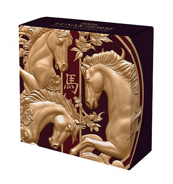 ROK KONĚ 2026 Lunární série coin Year of the Horse Black Proof Gilded – 5 oz stříbrná mince pozlacená
